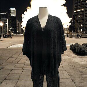 Bebe Blk Knit Poncho Fringe Boho Chic Open‎ Front Lightweight Cover-Up Festival